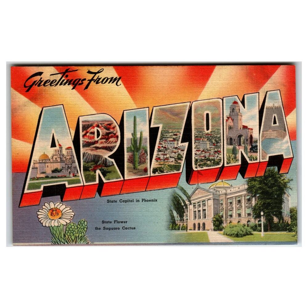 Greetings From Arizona Big Letter Linen Postcard Tichnor Bros Vintage c1940